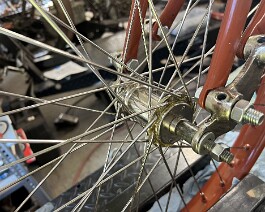 Close up view of front fork hub assembly.